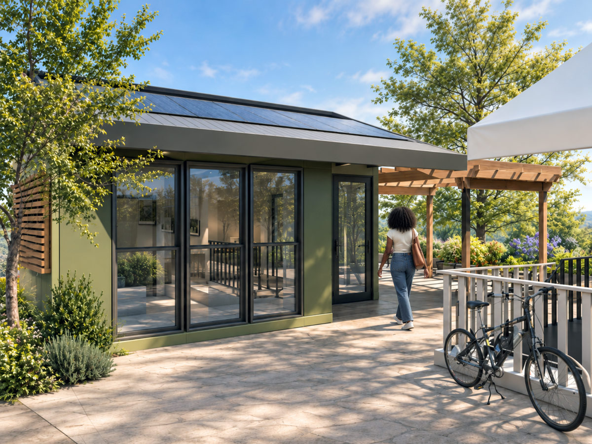 Compact green backyard cottage with a solar roof and glass doors, a woman walking past on a sunny patio