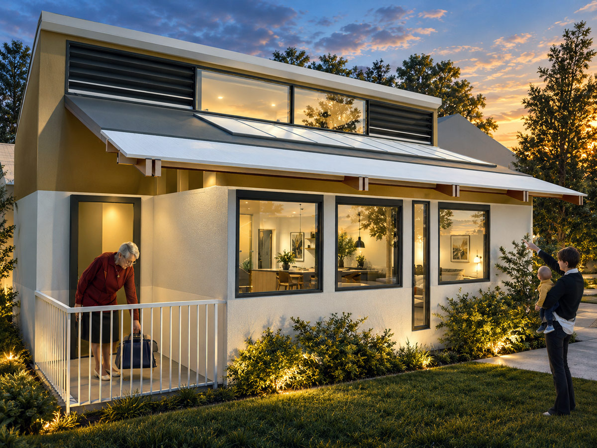 Design Variation C, a 400-square-foot green second unit with a double-tiered cool roof and clerestory windows.
