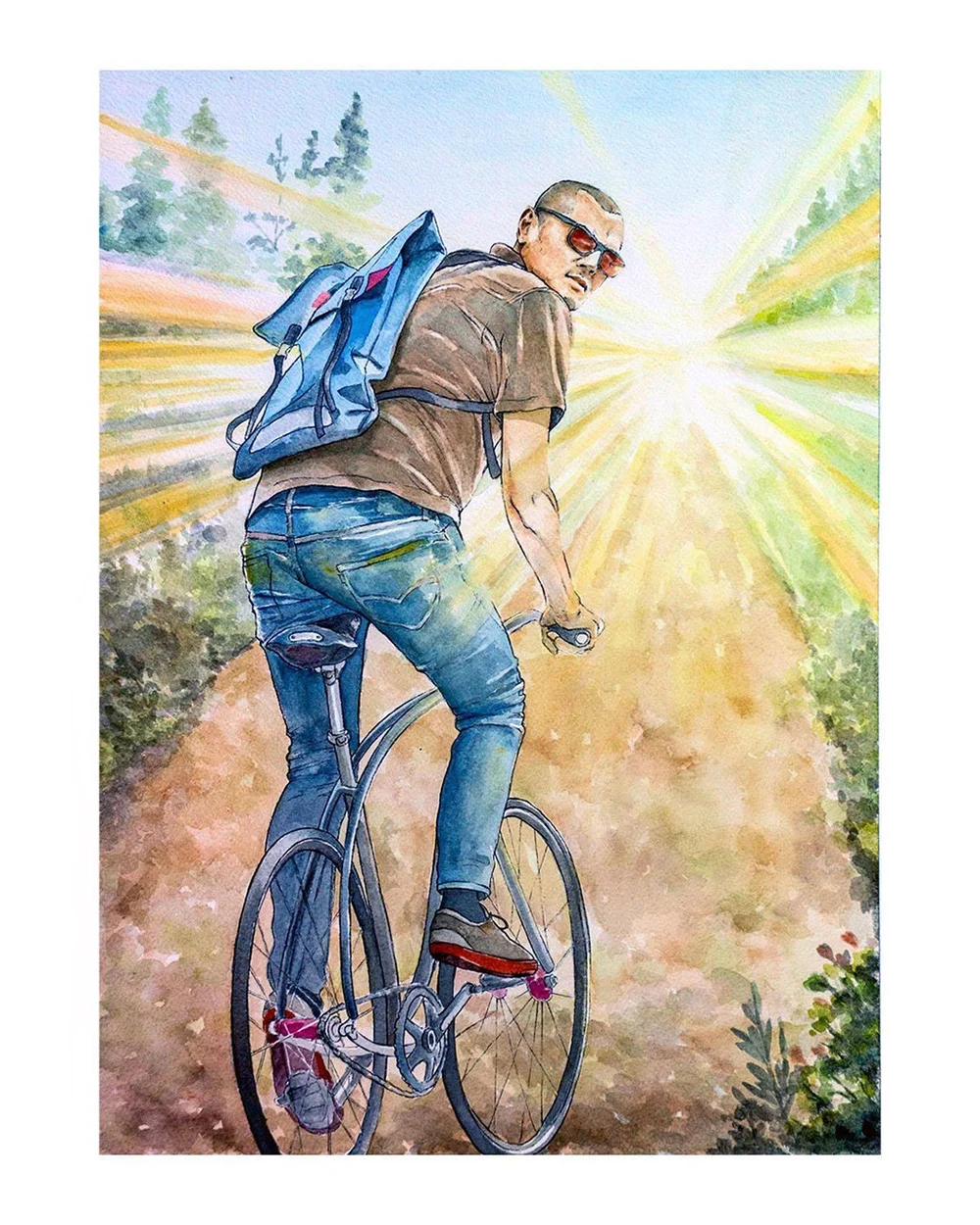 Illustration of a man with sunglasses and a blue backpack riding a bicycle toward sunlight on a tree-lined path.