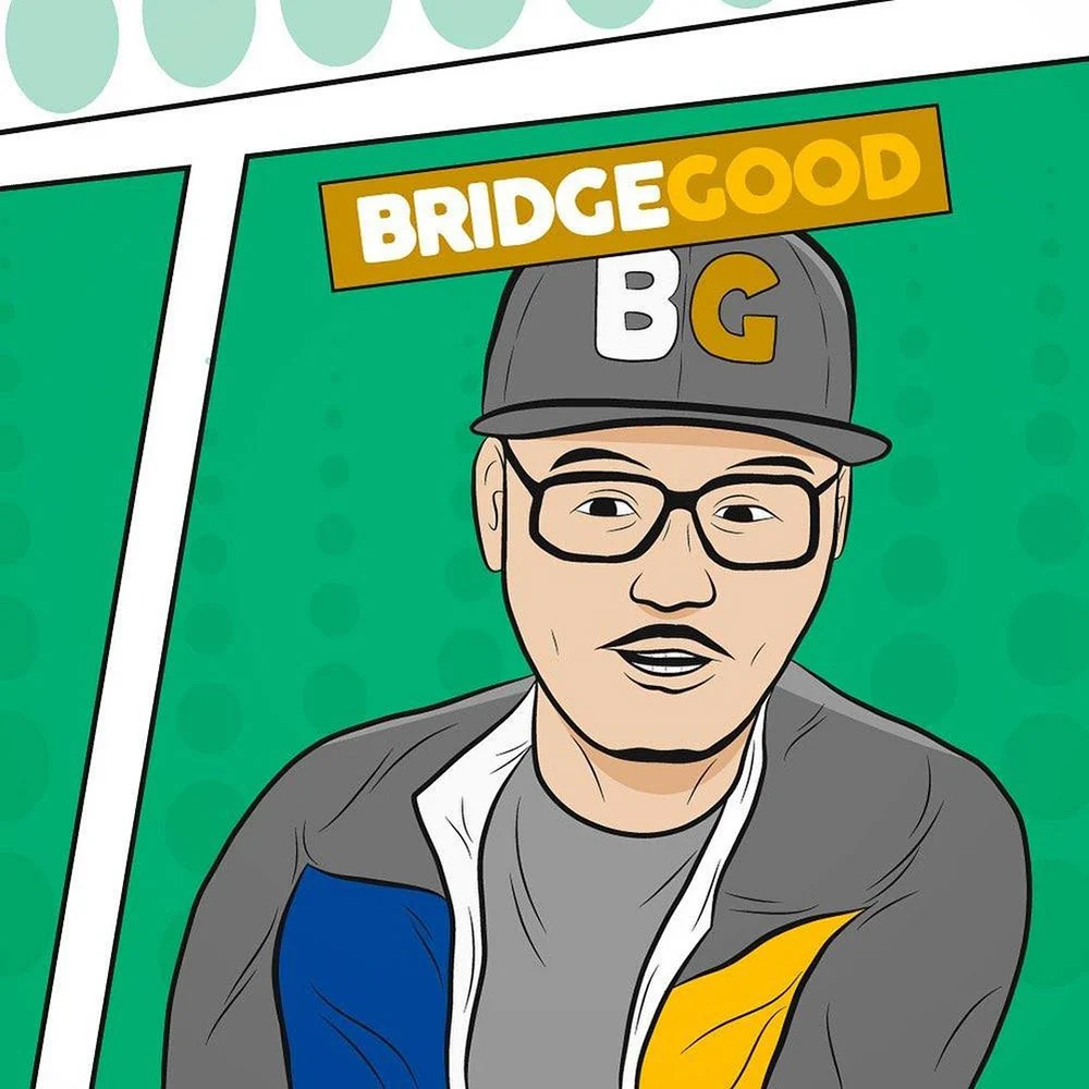 Illustrated portrait of a person wearing glasses, a BG cap and a jacket beneath a BRIDGEGOOD sign on green.