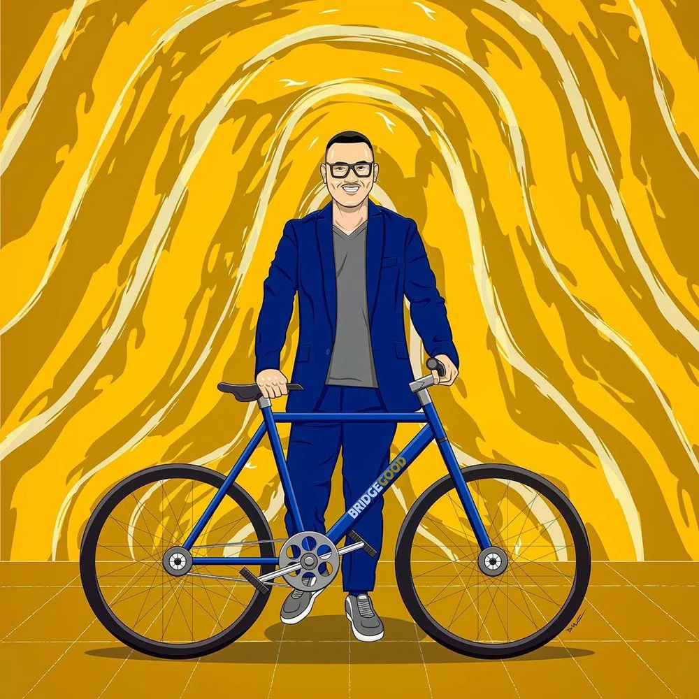 Illustration of a smiling man in glasses and a blue suit holding a bicycle against a swirling yellow background.