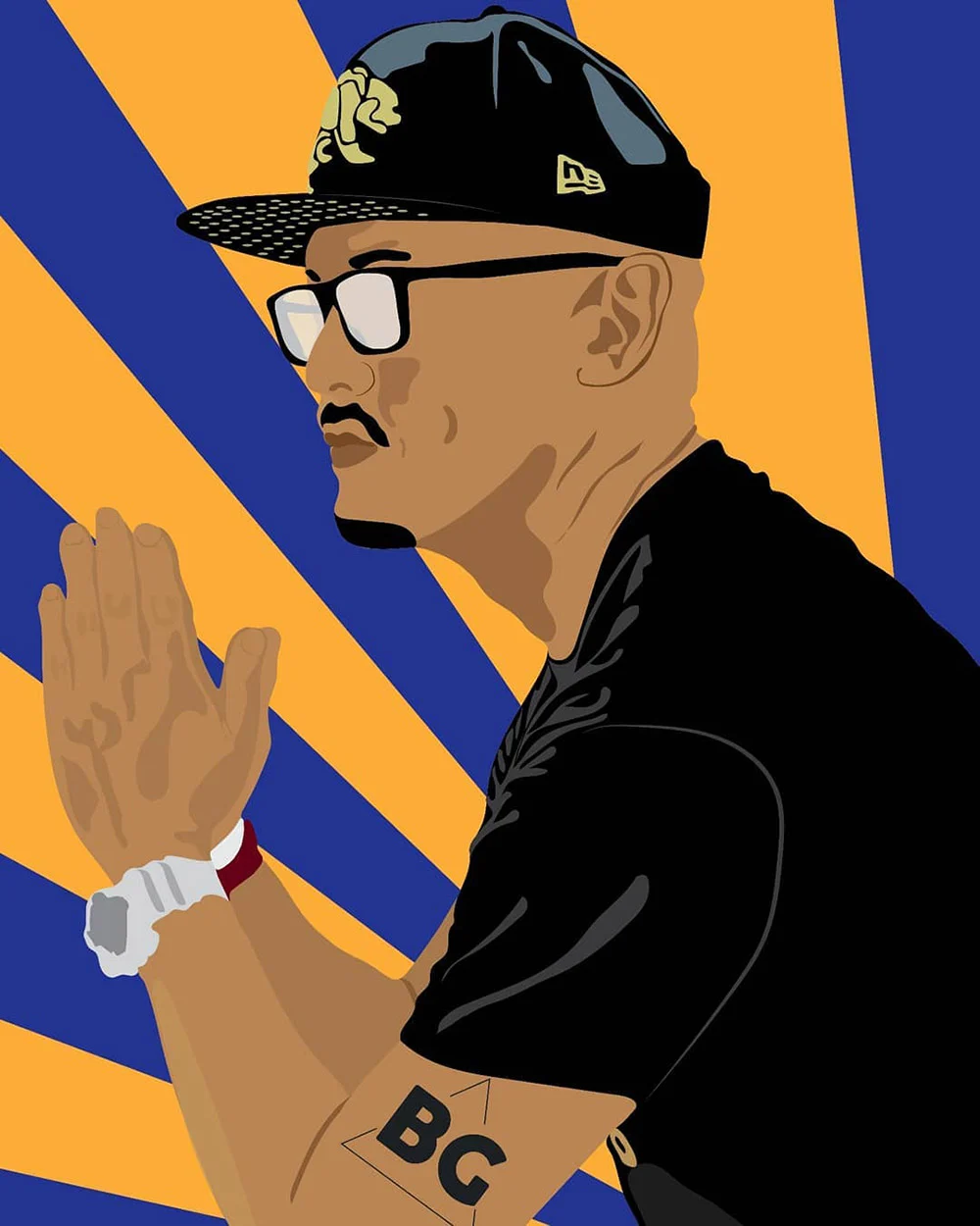 Illustrated man in a black cap and glasses holds his palms together against blue and yellow rays.