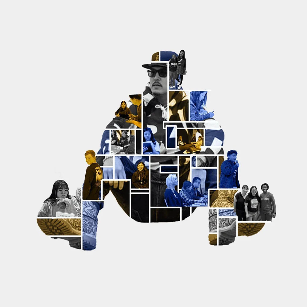 A collage on a white background combines portraits and candid scenes in blue, gold and black-and-white blocks.