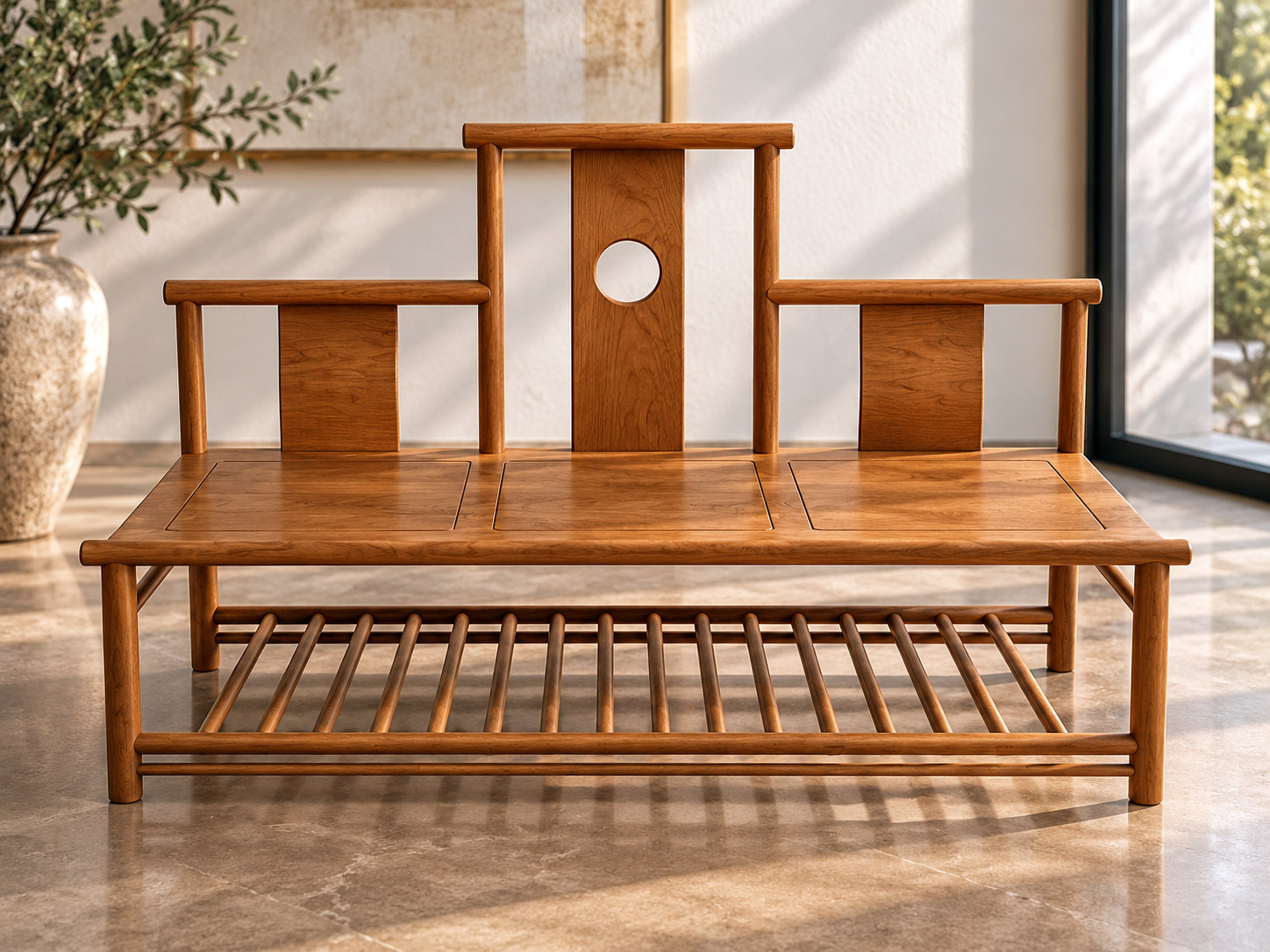 Full view of The Homecoming Bench, a 2003 custom maple furniture design by Shaun Tai, featuring three graduated curved backrests, a circular cutout, a continuous flat seat, and a slatted lower shelf inspired by traditional Chinese craftsmanship.