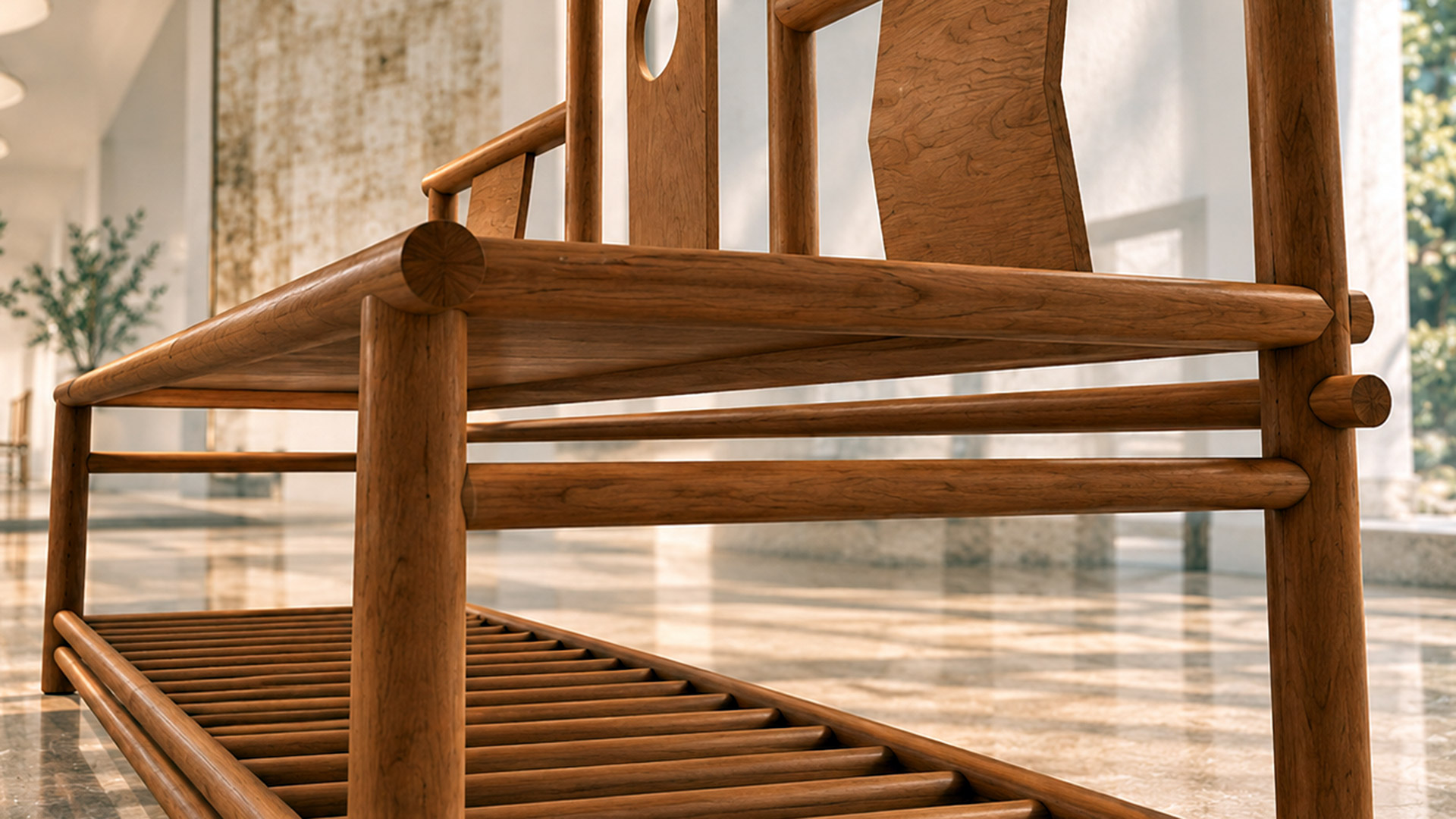 Rear view of Shaun Tai’s 2003 custom maple bench, featuring three graduated backrests, curved wooden panels, a circular cutout, rounded rails, and a slatted lower shelf inspired by traditional Chinese furniture.