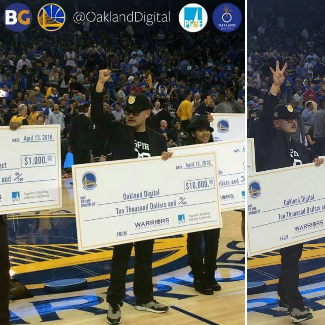 Two views of a person in a cap holding a giant Warriors check for ten thousand dollars on a basketball court before a crowd.