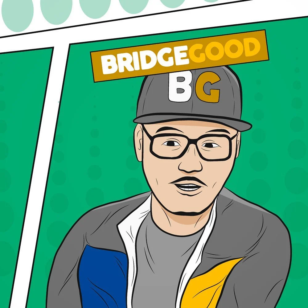 Cartoon illustration of a man in glasses and a gray BG cap under a BRIDGEGOOD banner, on a green comic-style background.
