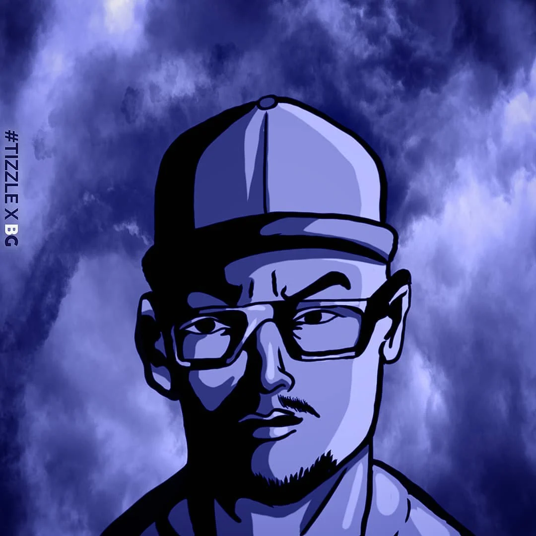 Blue and violet illustration of a stern man in a cap and glasses against dark storm clouds, with a Tizzle x BG caption.