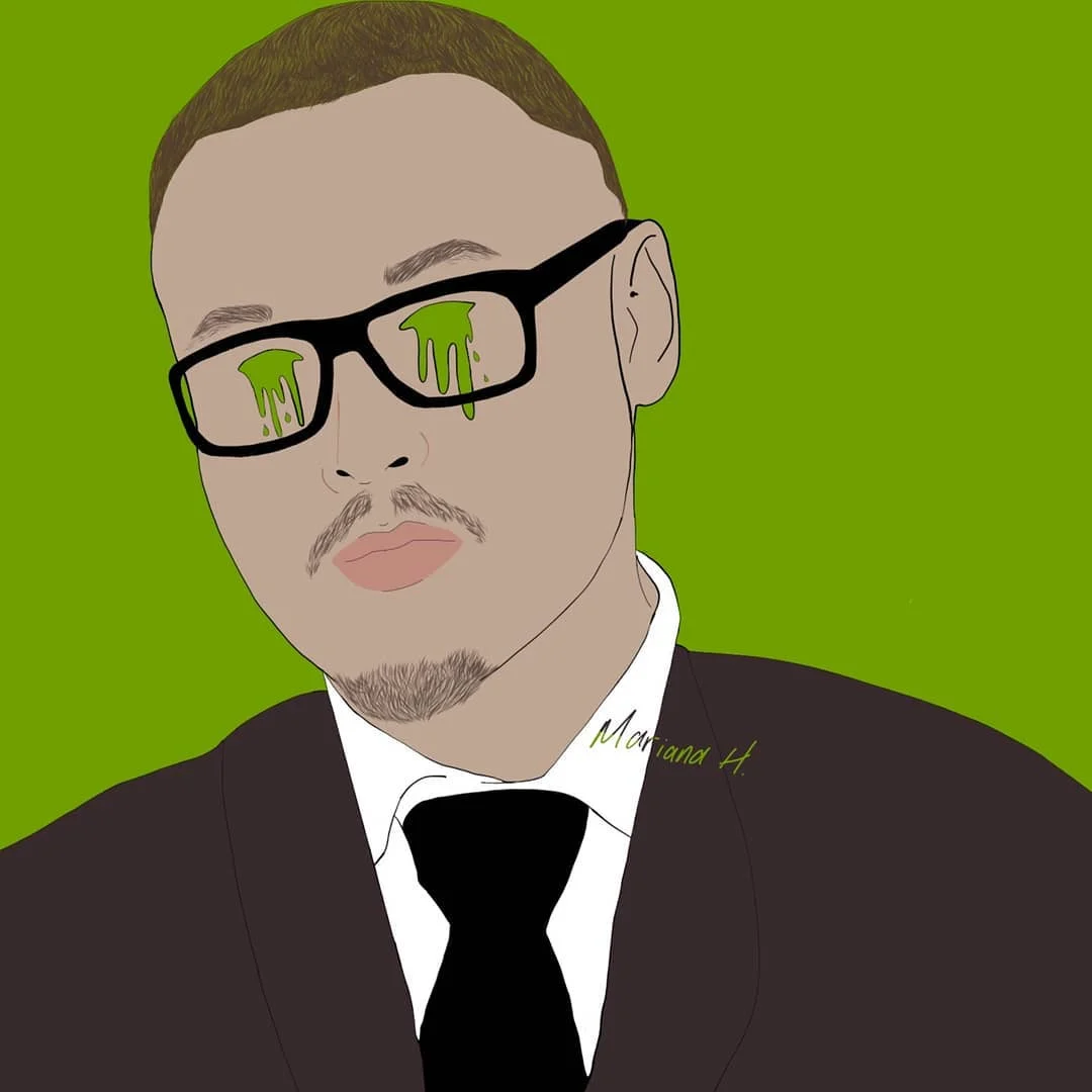 Illustrated portrait of a man in a dark suit and tie with green slime dripping from his glasses on a green background.