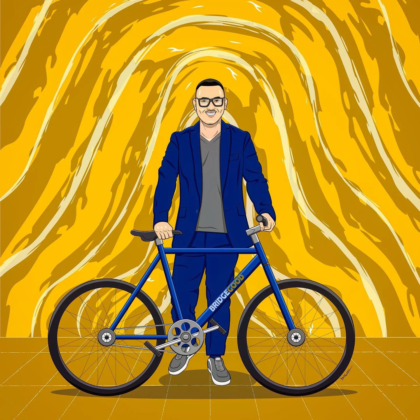 An illustration of a smiling man in a blue suit and glasses with a blue bicycle against golden swirls.