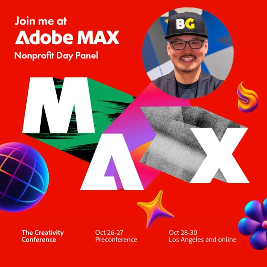 A red Adobe MAX graphic with a circular photo of a smiling man in a BG cap and glasses.