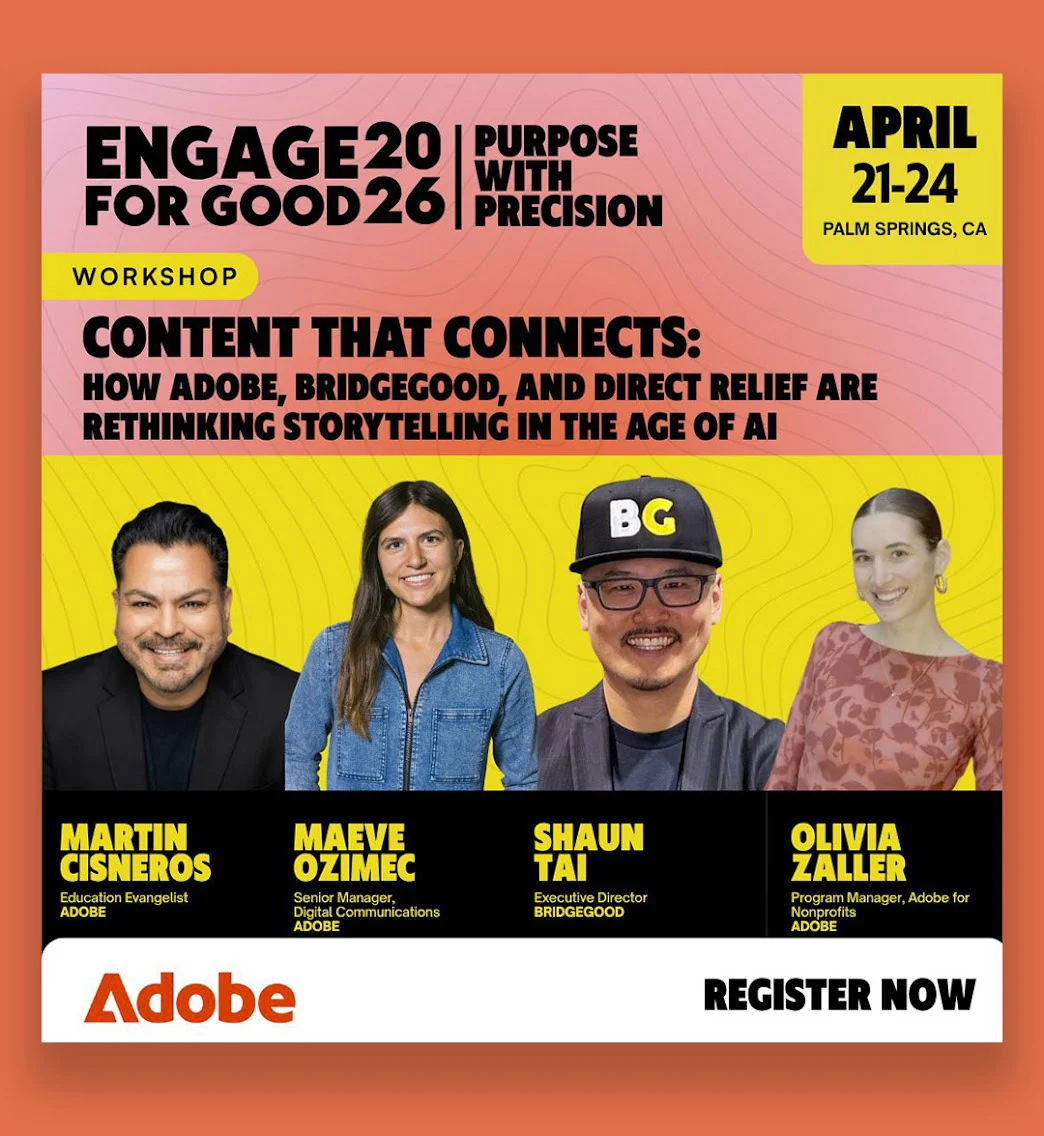 Event poster with four speakers before yellow and pink background, bold black text, and Adobe register button.