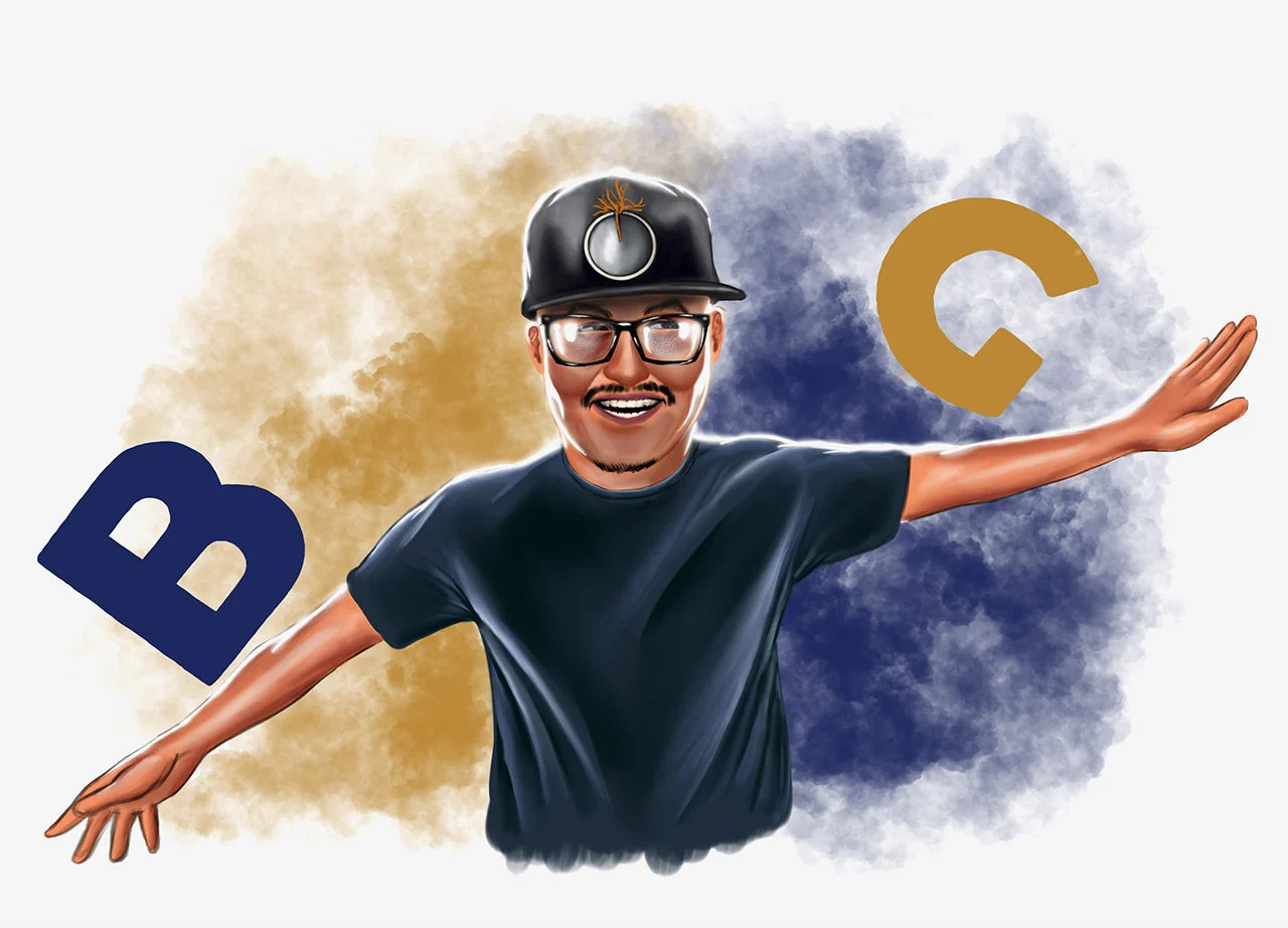 An illustrated man in a dark baseball cap and navy shirt stretches both arms out against a gold and navy smoky background.