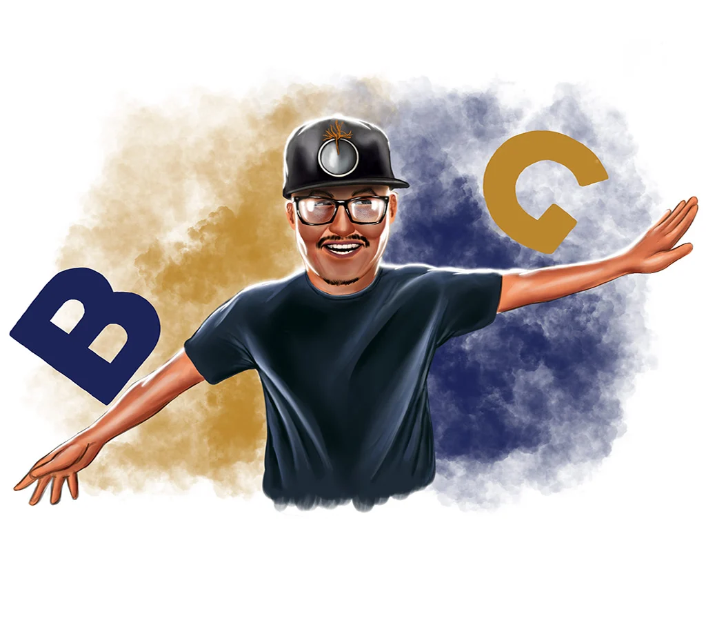 A smiling illustrated man in a black cap and glasses stretches his arms wide against gold and navy smoky shapes.