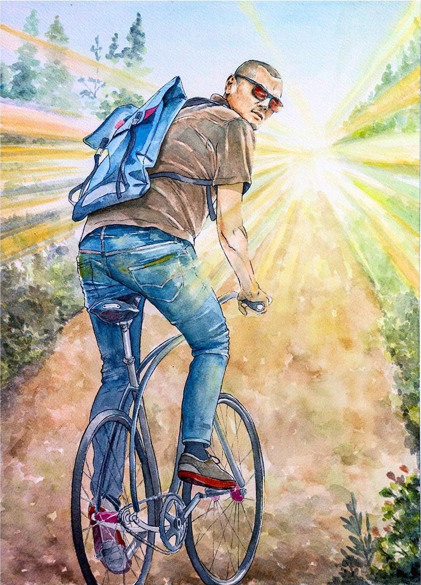 Watercolor of Wilson Tai on his bike on a sunlit dirt path, looking back over his shoulder in sunglasses with a blue backpack.